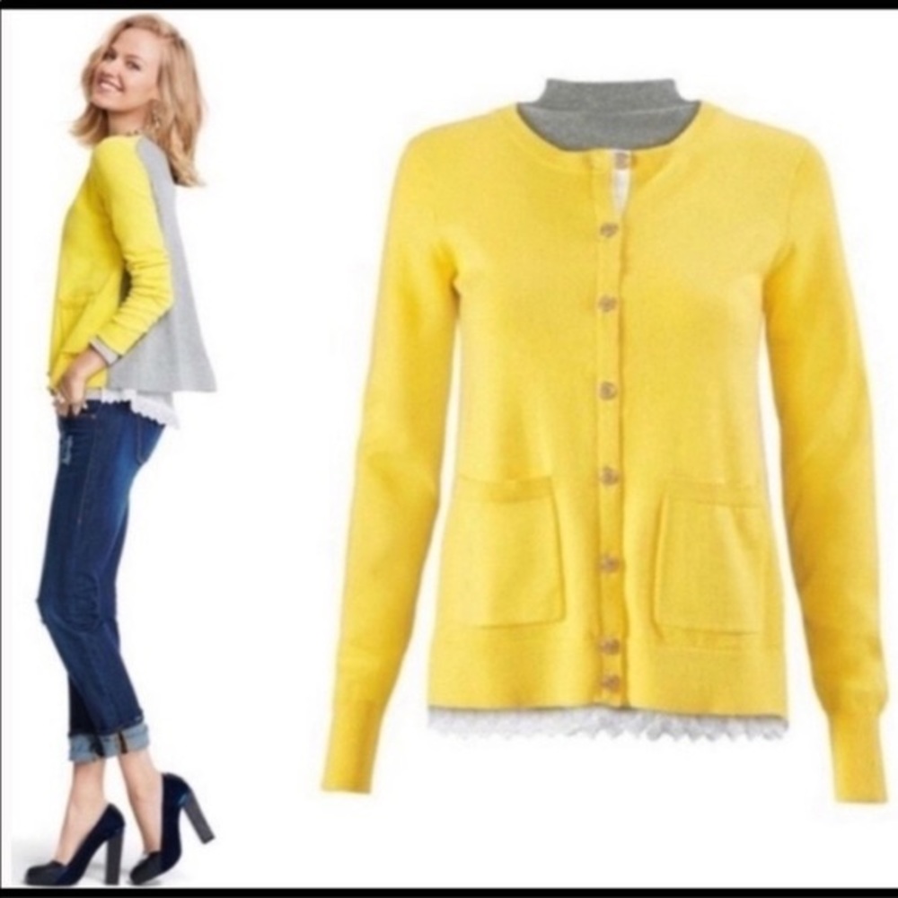 CAbi | Belle Cardigan Sweater #3010 yellow, grey white lace layered look
